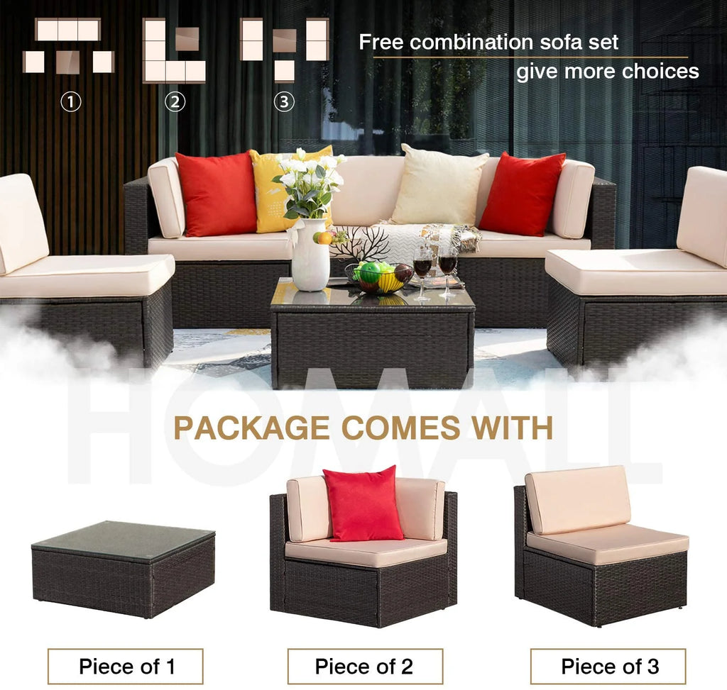 6 Pieces Wicker PE Rattan Sectional Sofa with Cushions D7766