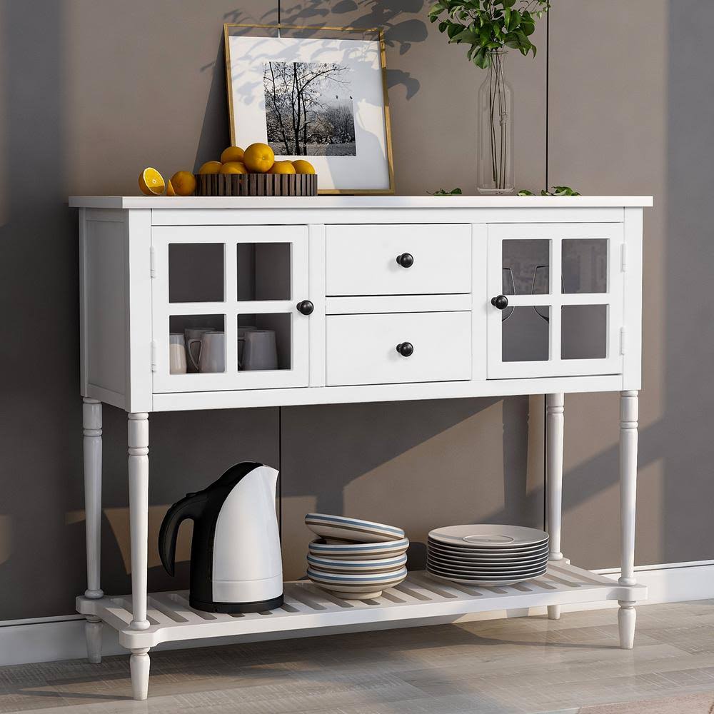 White Rectangle Wood Console Table with Drawers L43880