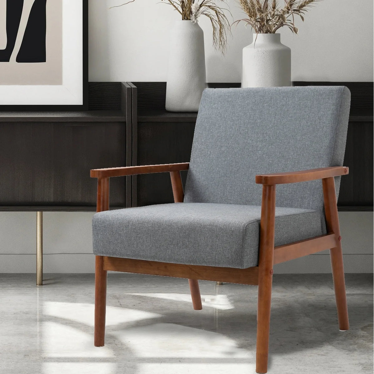 Mid-century Modern Solid Wood Brown Faux Leather Armchair V835638