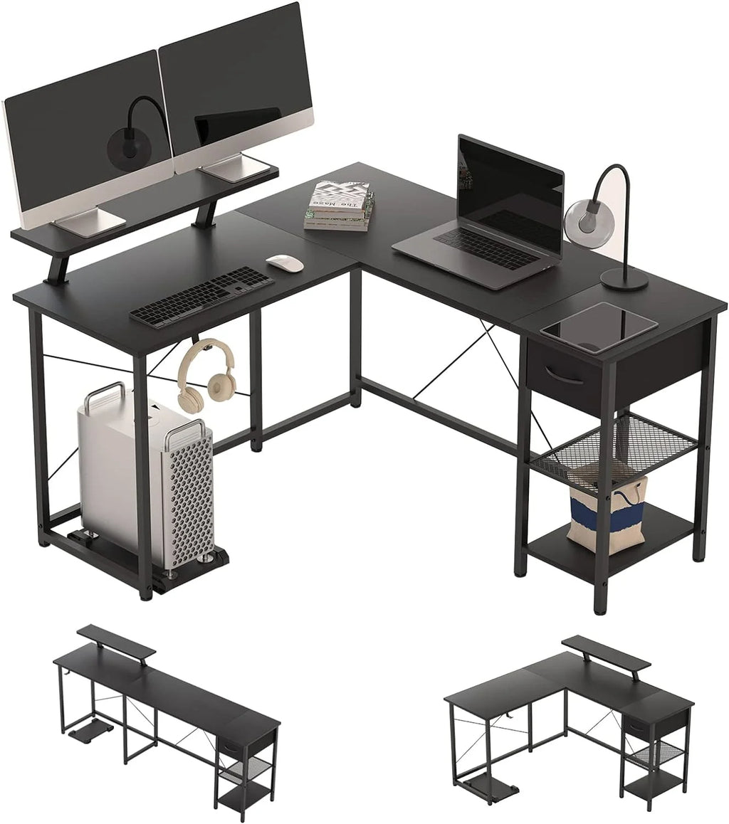 L Shaped Corner Computer Desk with Shelves and Monitor Stand Black V731286