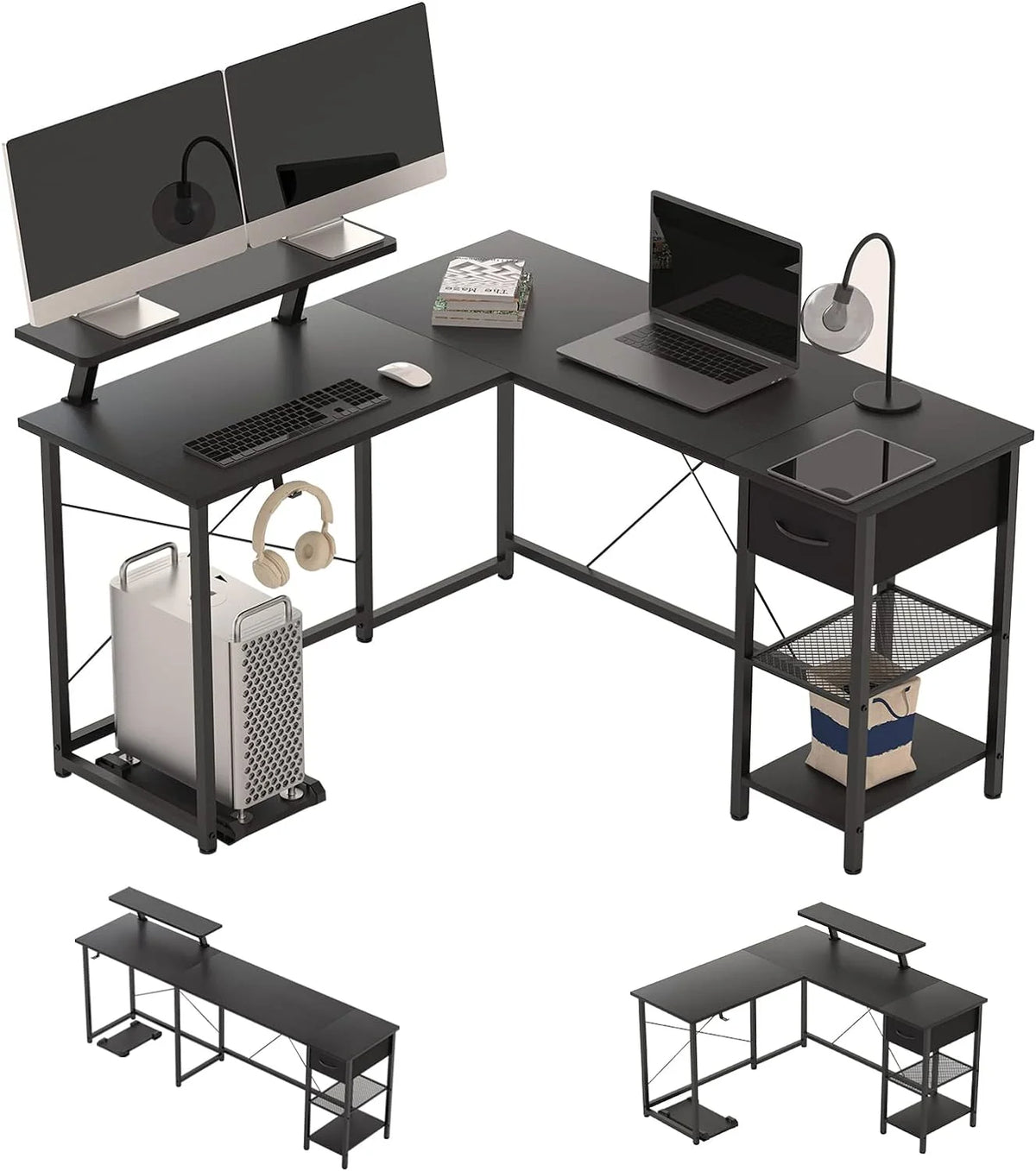 L Shaped Corner Computer Desk with Shelves and Monitor Stand Black V731286