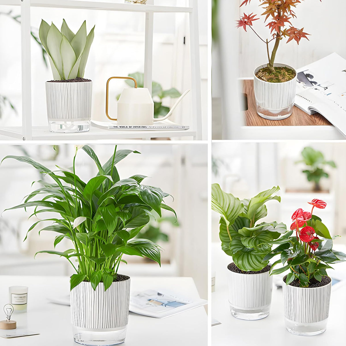 4 Pack Self Watering Pots, 4.3+5.5 Inch Planter Pot with Wick Rope and Reservoir Z1441