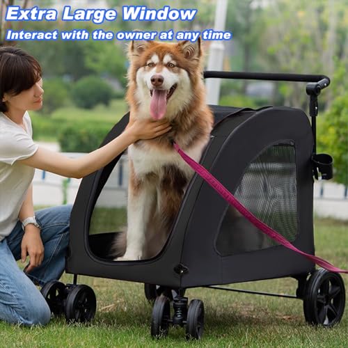 Large Dog Stroller, Removable Cushion Adjustable Handle Foldable 4 Wheel Pet Stroller (Black) I858422