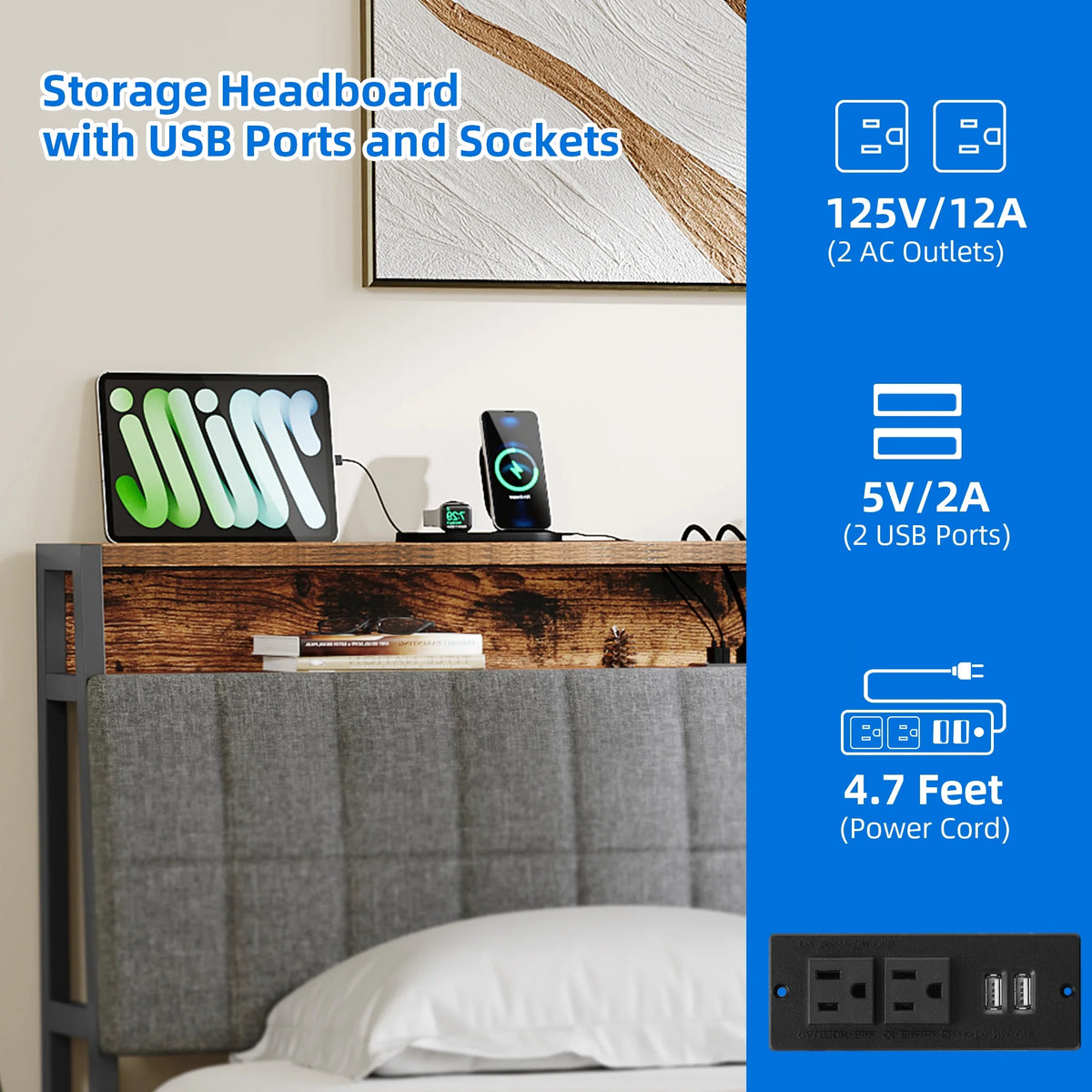 Full Size Upholstered Platform Bed Frame with Charging Station E6597