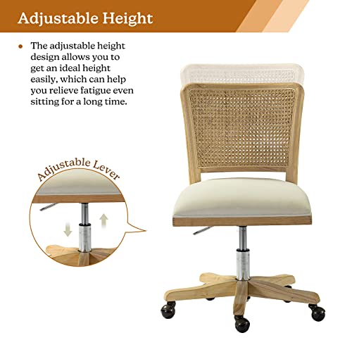Upholstered Armless Swivel Desk Chair with Rattan Mid-Back A72246