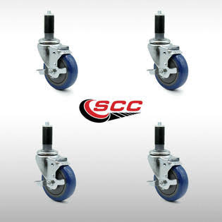 4x22 Blue Polyurethane Caster with Expanding Stem and Brake, Set of 4 O30458
