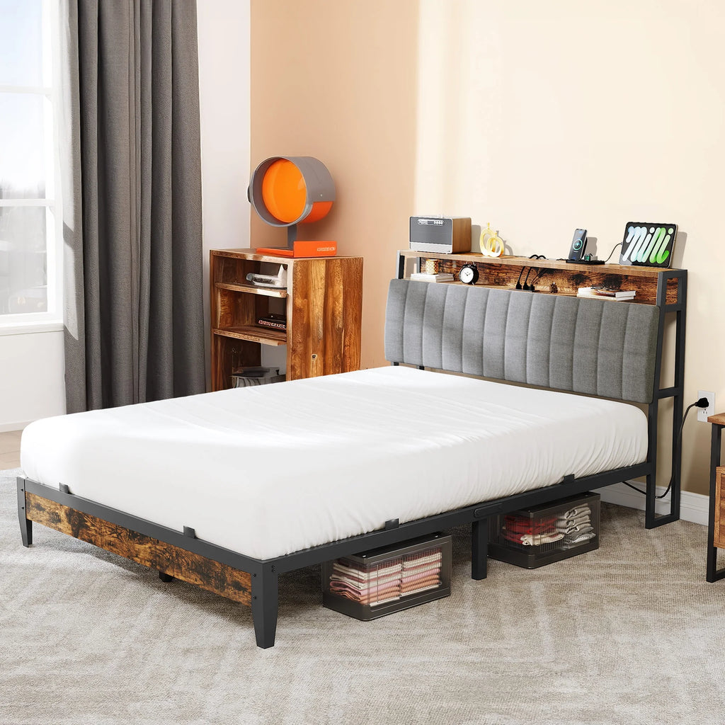 Full Size Upholstered Platform Bed Frame with Charging Station E6597