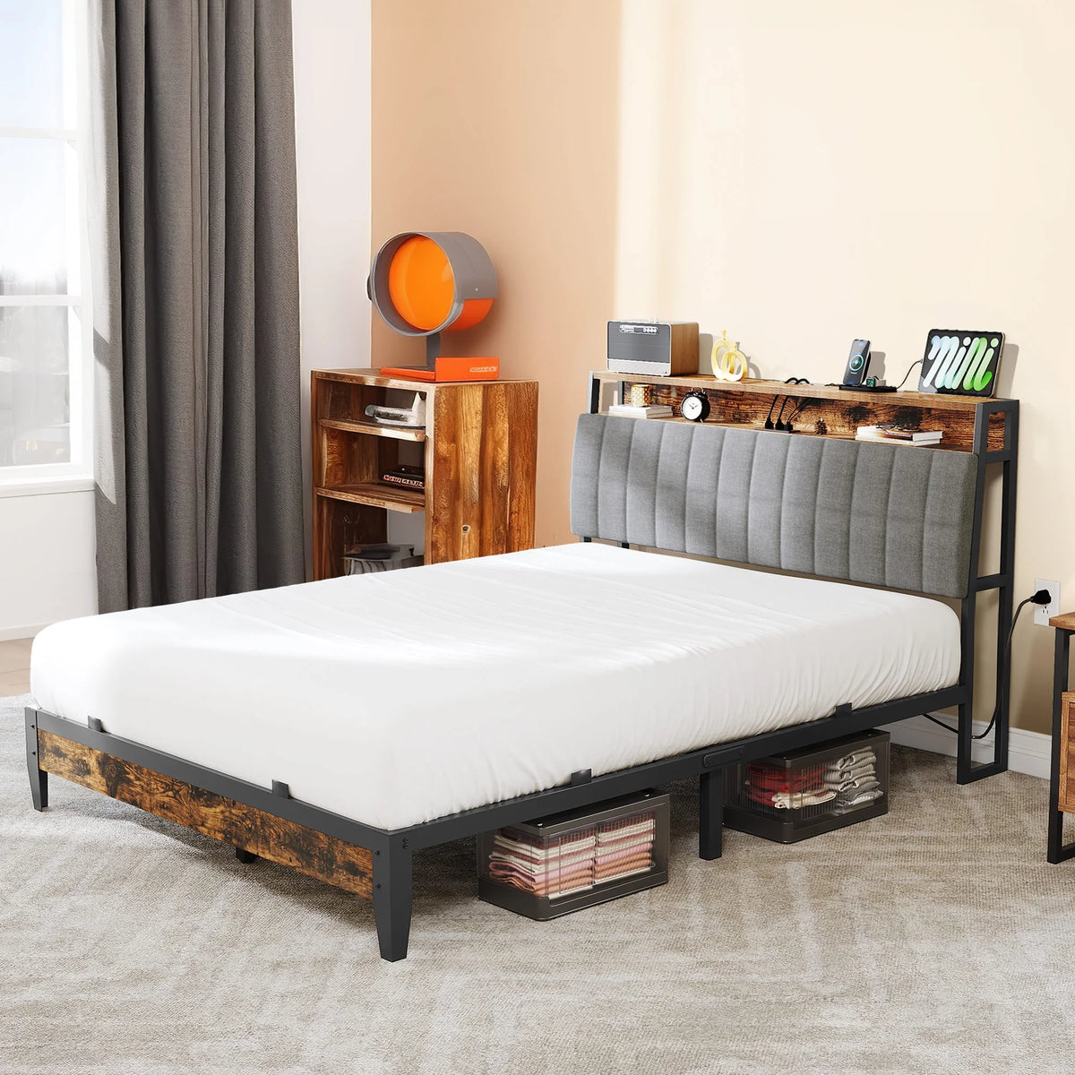 Full Size Upholstered Platform Bed Frame with Charging Station E6597