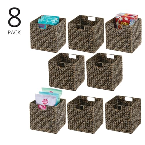 Black Wash Woven Hyacinth Cube Organizer Basket with Handles, 8 Pack O692