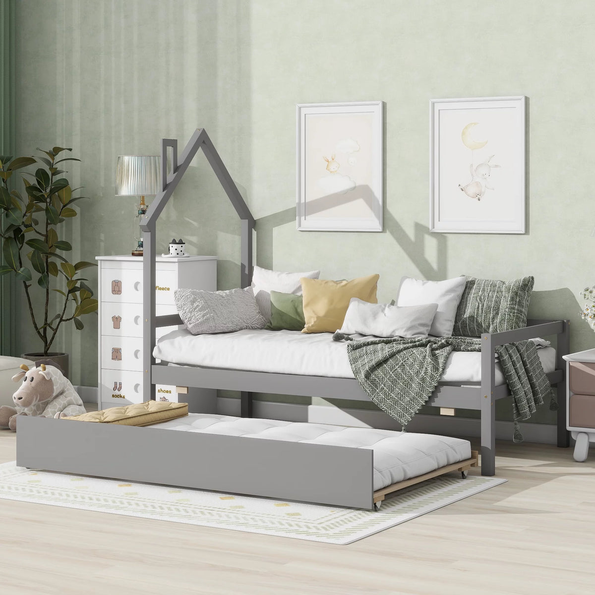 Wooden Twin Size Platform Bed with Trundle and House-Shaped Headboard Gray V621