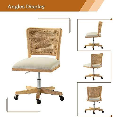 Upholstered Armless Swivel Desk Chair with Rattan Mid-Back A72246