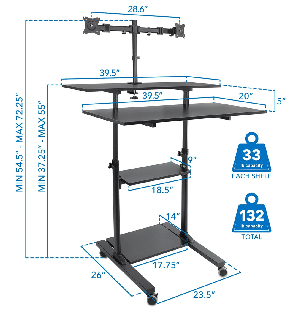 Black Mobile Standing Desk with Dual Monitor Mount X405