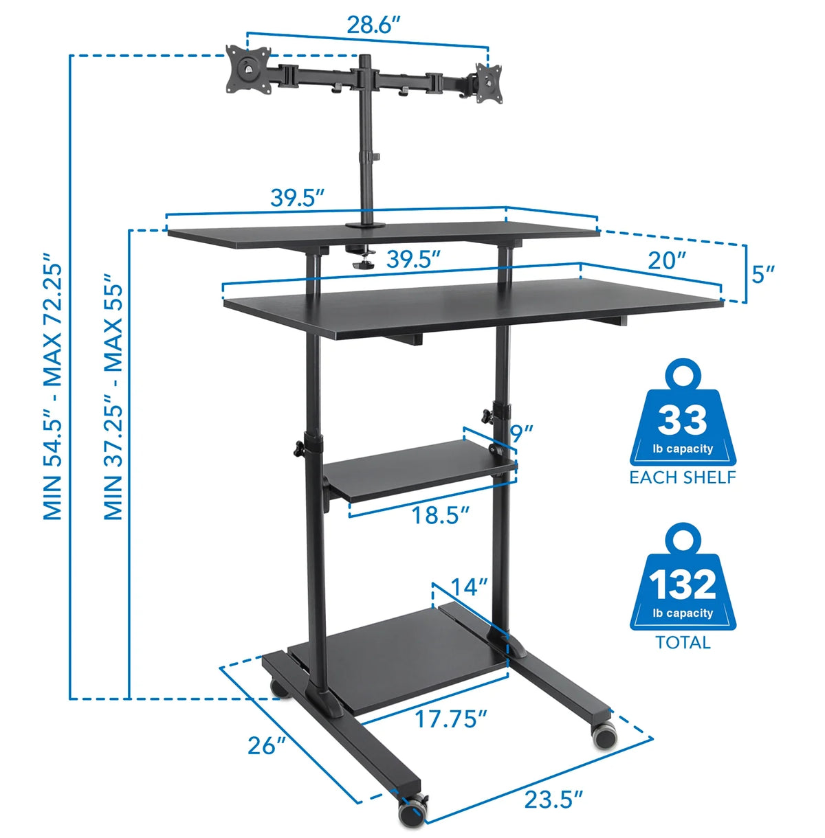 Black Mobile Standing Desk with Dual Monitor Mount X405