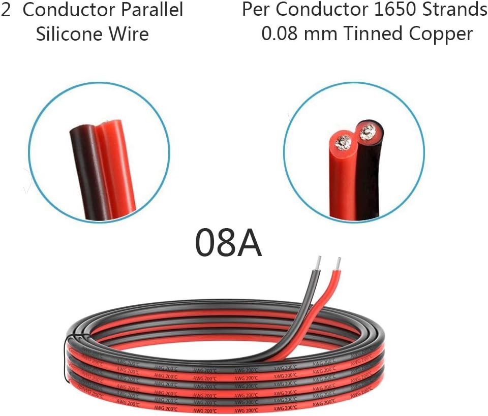 8 Gauge Silicone 2 Conductor Parallel Cable, 33ft, Red Black Z52950