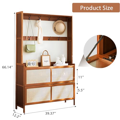 Bamboo Hall Tree with Shoe Storage, 14 Shoe Cubbies, 8 Coat Hooks, Rustic Brown L66314