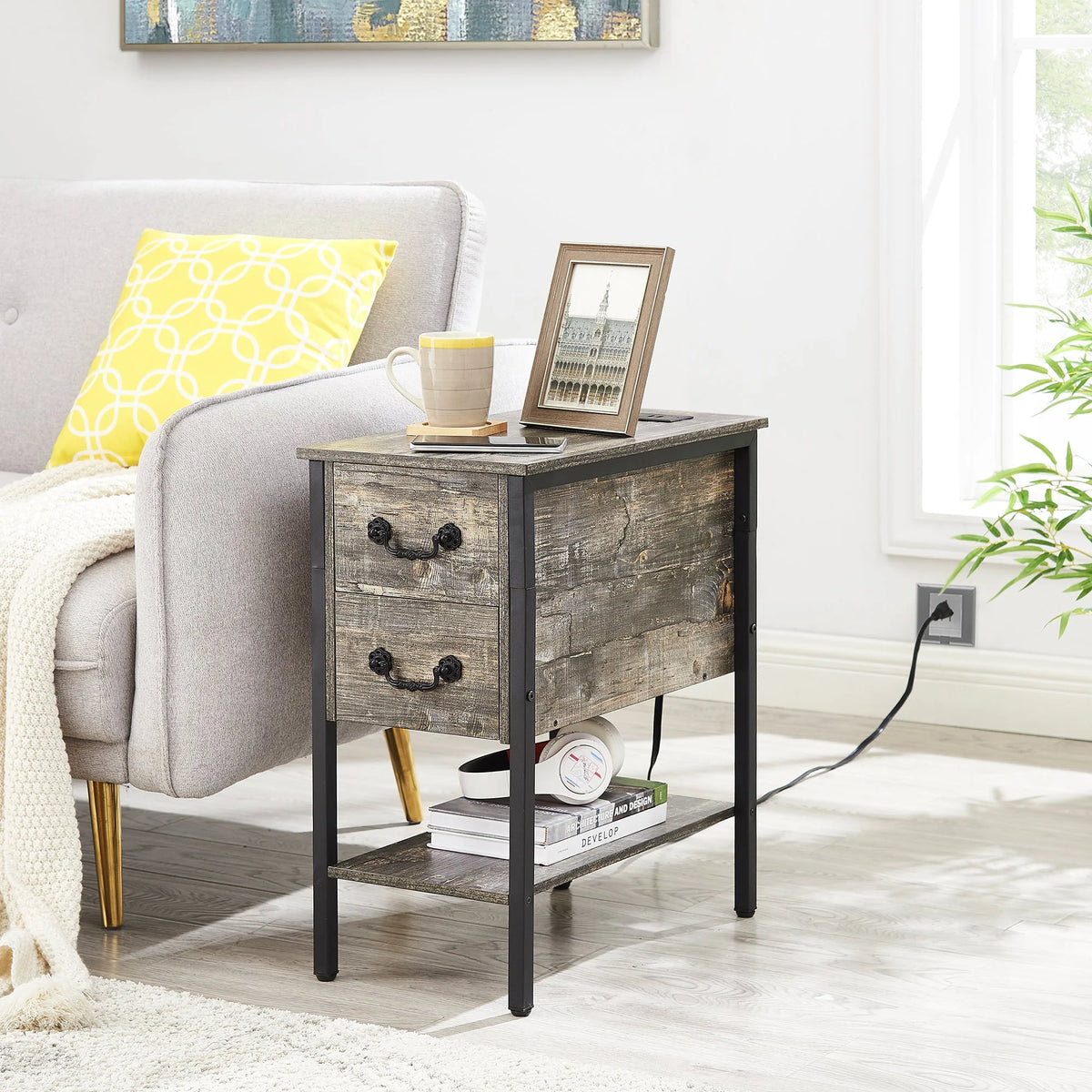 Oak Gray 2 Drawer Nightstand with Charging Station Q51163