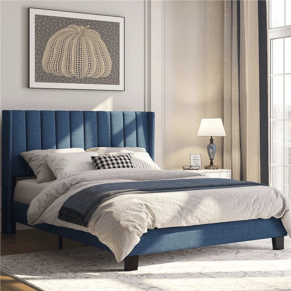 Queen Platform Bed with Upholstered Headboard, Navy Blue M114