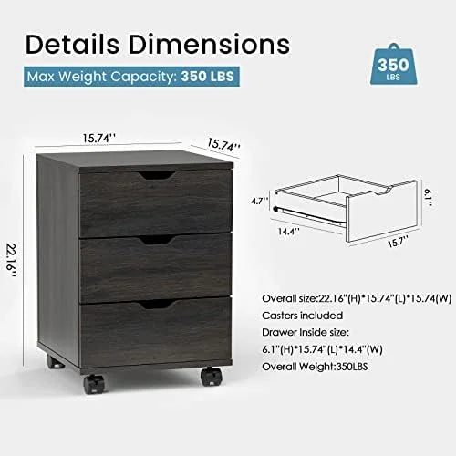 3 Drawer Black Wood Mobile File Cabinet E5793