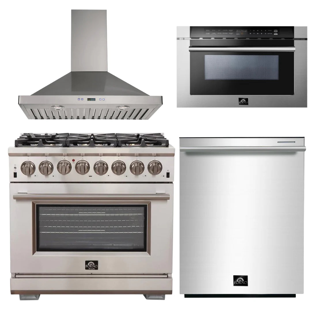 36 Inch Gas Burner Electric Oven Pro Range, Wall Mount Range Hood, Microwave Drawer, Dishwasher C587