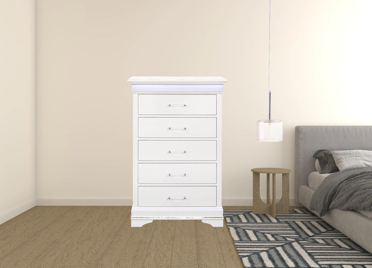 White Solid Wood Five Drawers Chest with LED Lighting G5310