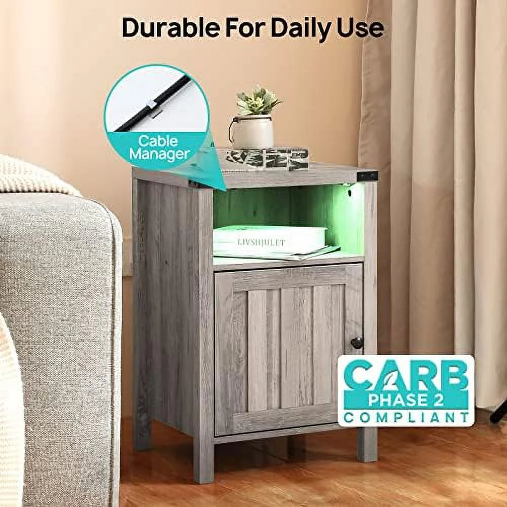 Grey Nightstand with LED Lights and Charging Station Set of 2 Z1761