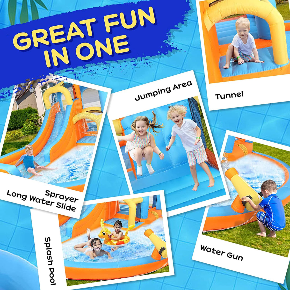 5-in-1 Inflatable Water Slide Park Bounce House with Splash Pool E576