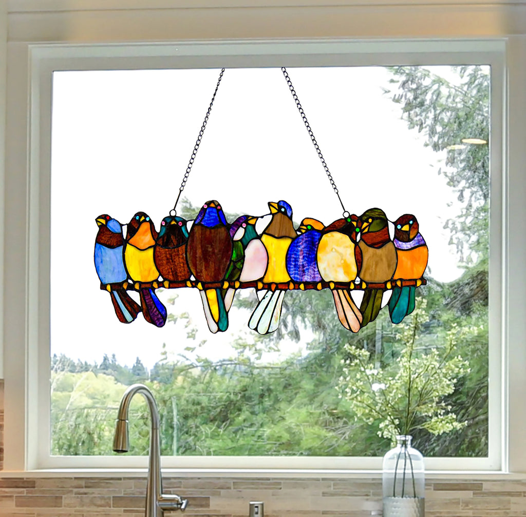 Stained Glass Birds on a Wire Window Panel J9602
