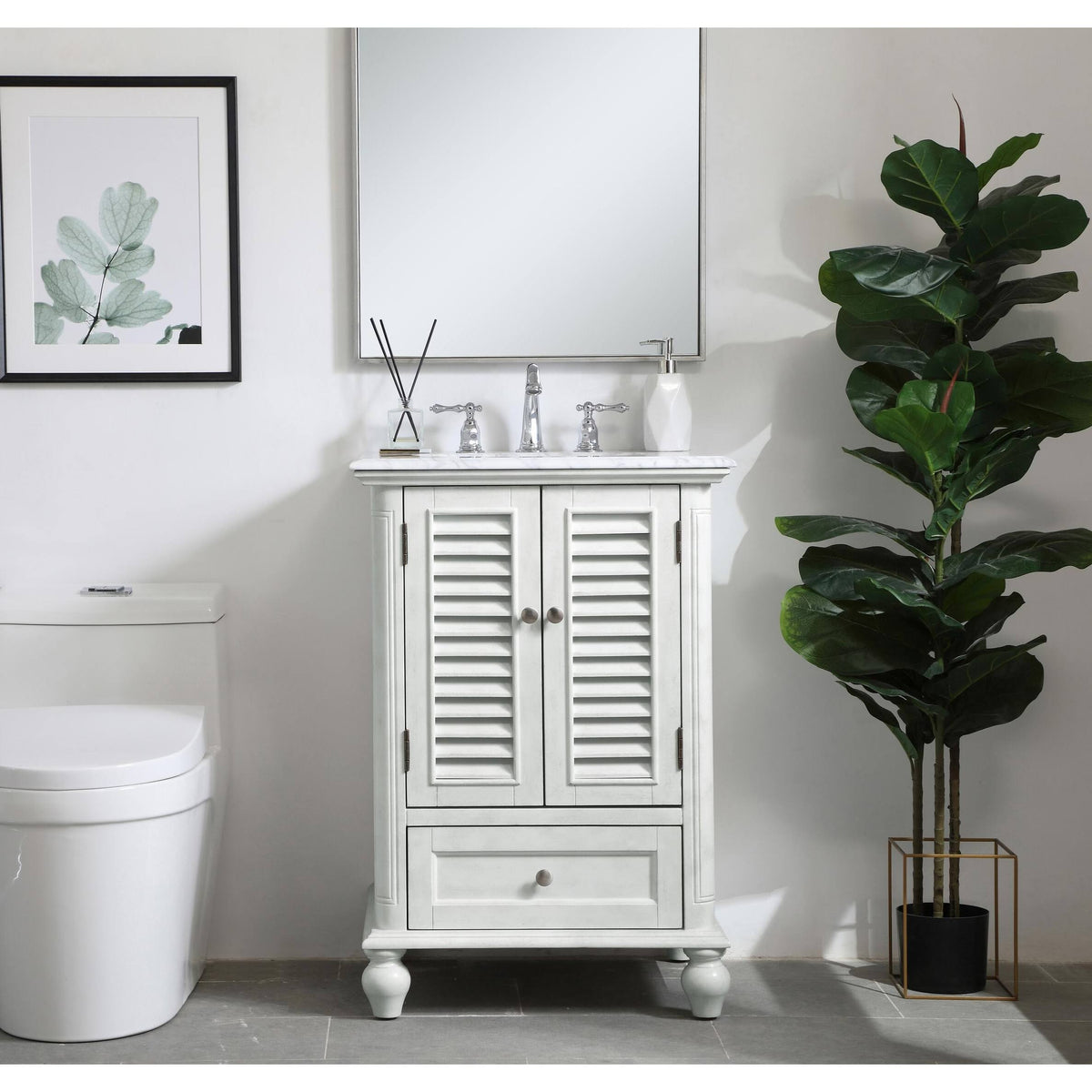 24 inch Antique White Bathroom Vanity Cabinet Set with Marble Top B219