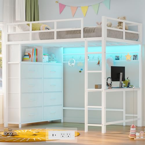 Twin Size Metal Loft Bed with Desk and 8 Storage Drawers, White D229090