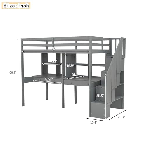 White Twin Size Wood Loft Bed with Storage Stairs and Double Desks M482