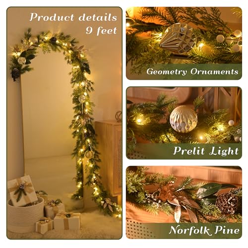 6Ft Prelit Christmas Garland with Pine Cone, Bow Ornaments (Green Gold) O759