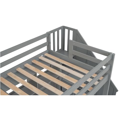 White Twin Size Wood Loft Bed with Storage Stairs and Double Desks M482