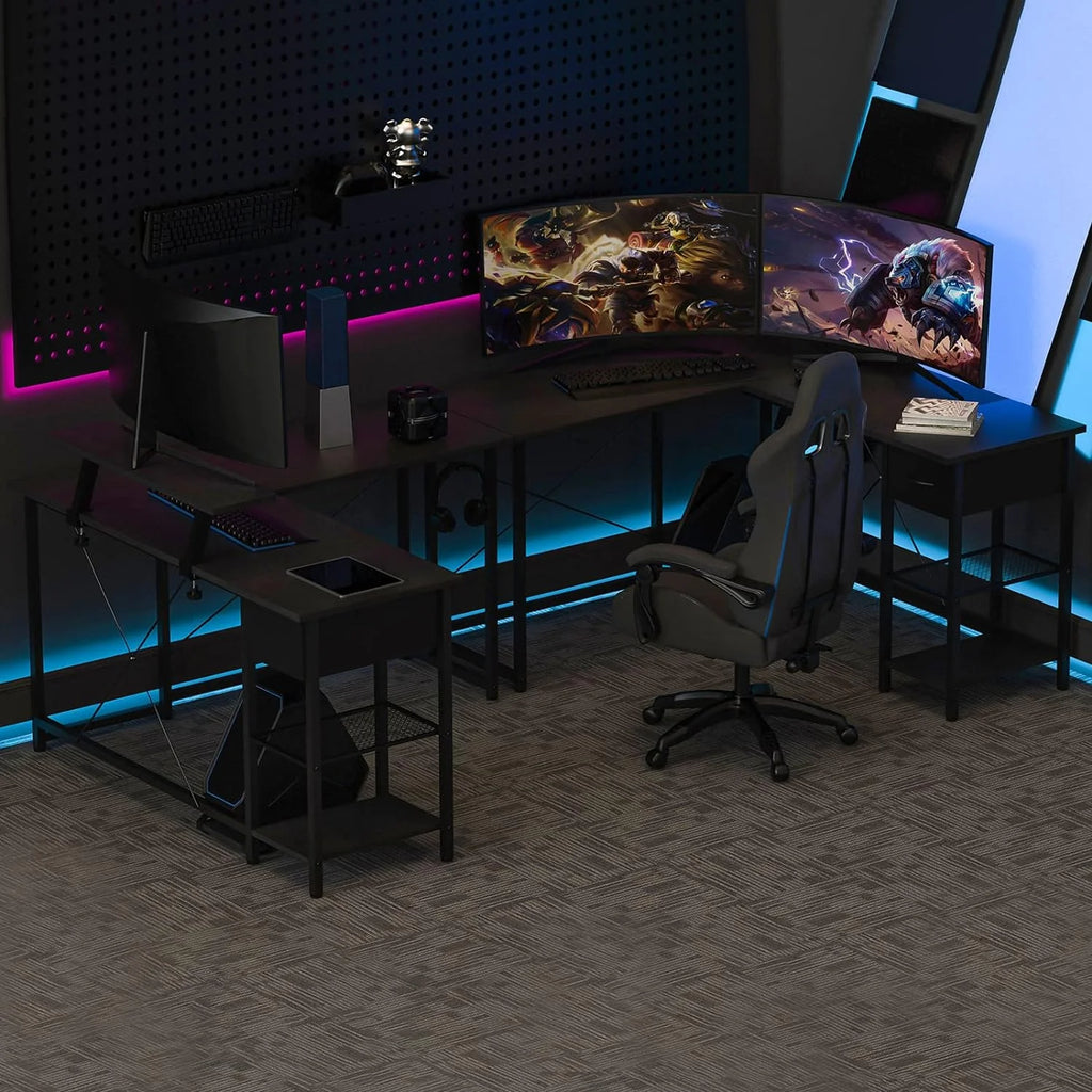 L Shaped Corner Computer Desk with Shelves and Monitor Stand Black V731286