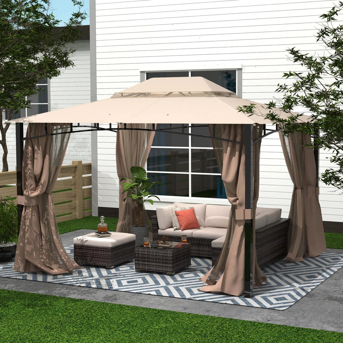 Sand Double Roof Patio Gazebo with Mosquito Netting Q8118
