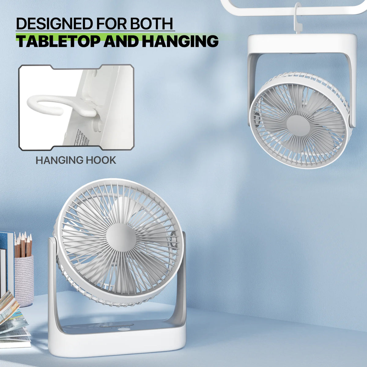 USB Desktop Fan, Rechargeable Wall Mounted Hanging Fan with LED Light, White R38152