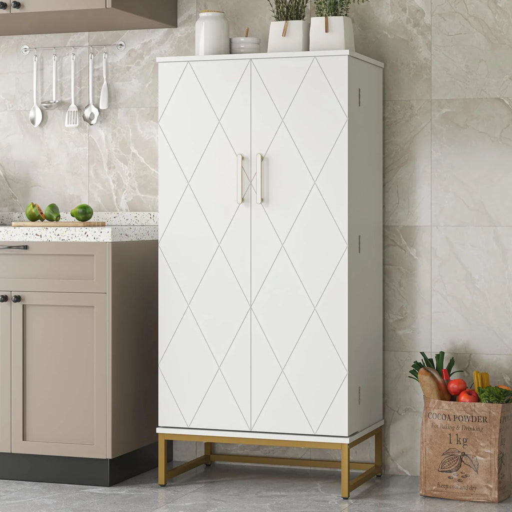 White Freestanding Kitchen Pantry Storage Cabinet with Adjustable Shelves A836916