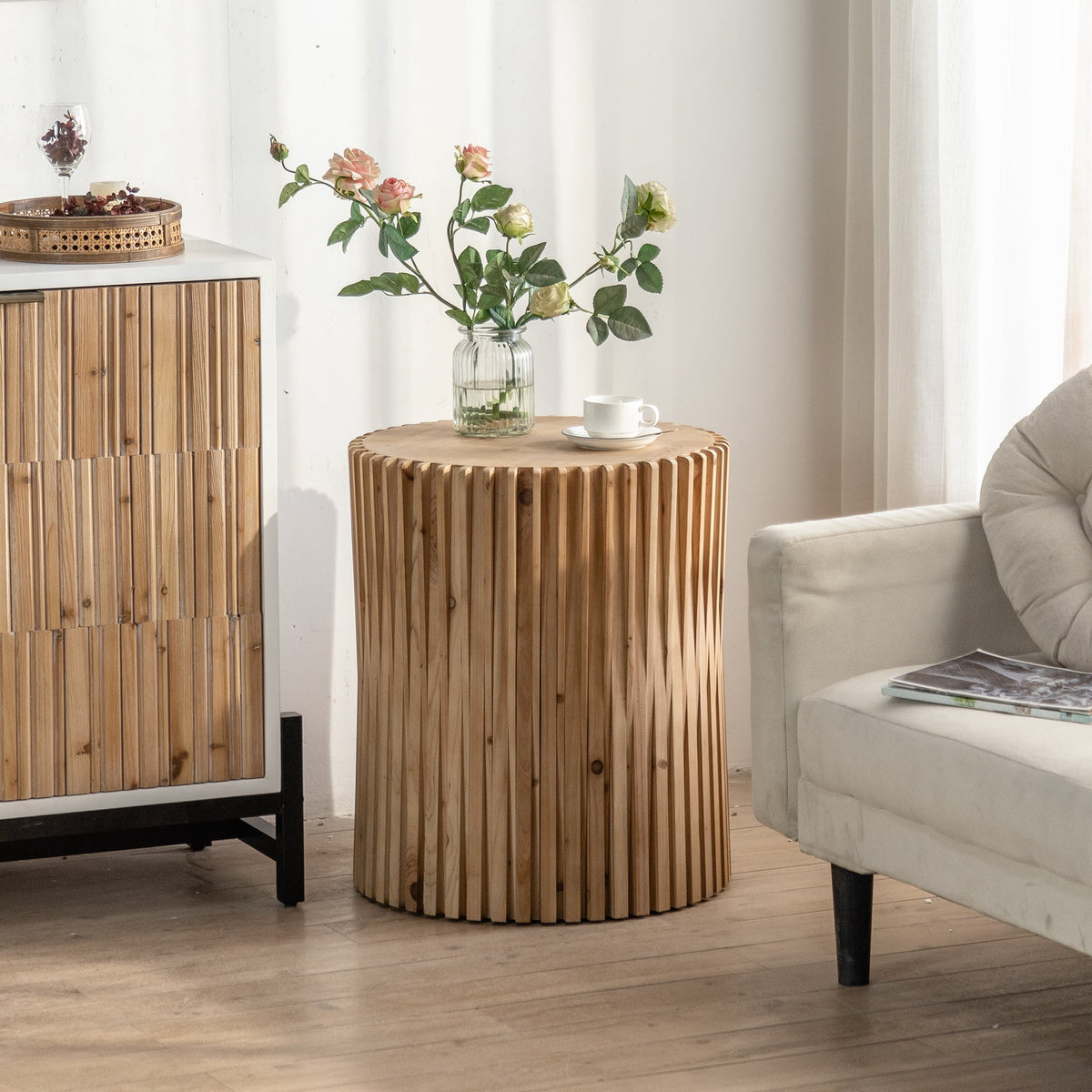 Retro Cylindrical Coffee Table with Vertical Texture G4330
