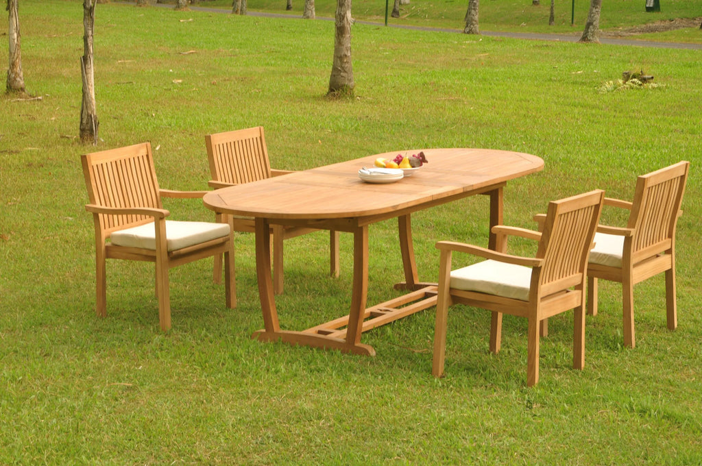 Grade-A Teak 5 Pc Dining Set with Oval Trestle Leg Table and 4 Stacking Arm Chairs S210