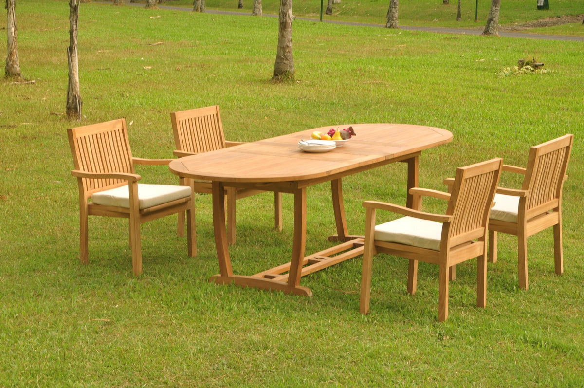 Grade-A Teak 5 Pc Dining Set with Oval Trestle Leg Table and 4 Stacking Arm Chairs S210
