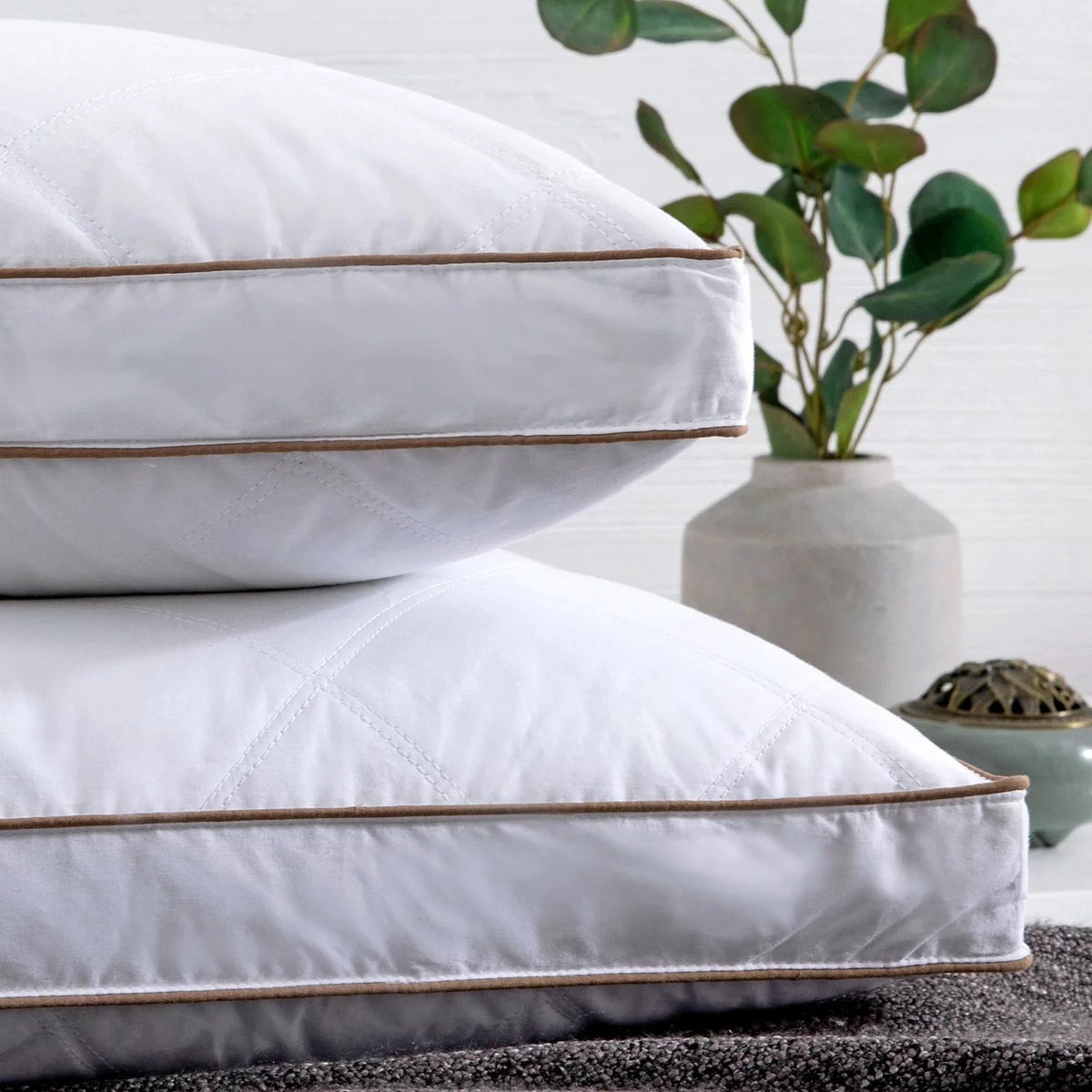 Set of 2 Natural Goose Down Feather Gusseted Pillows Cotton Cover S28203
