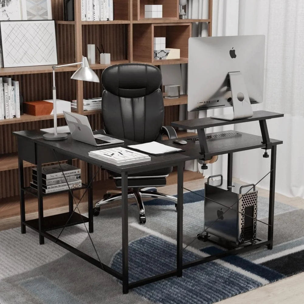 L Shaped Corner Computer Desk with Shelves and Monitor Stand Black V731286