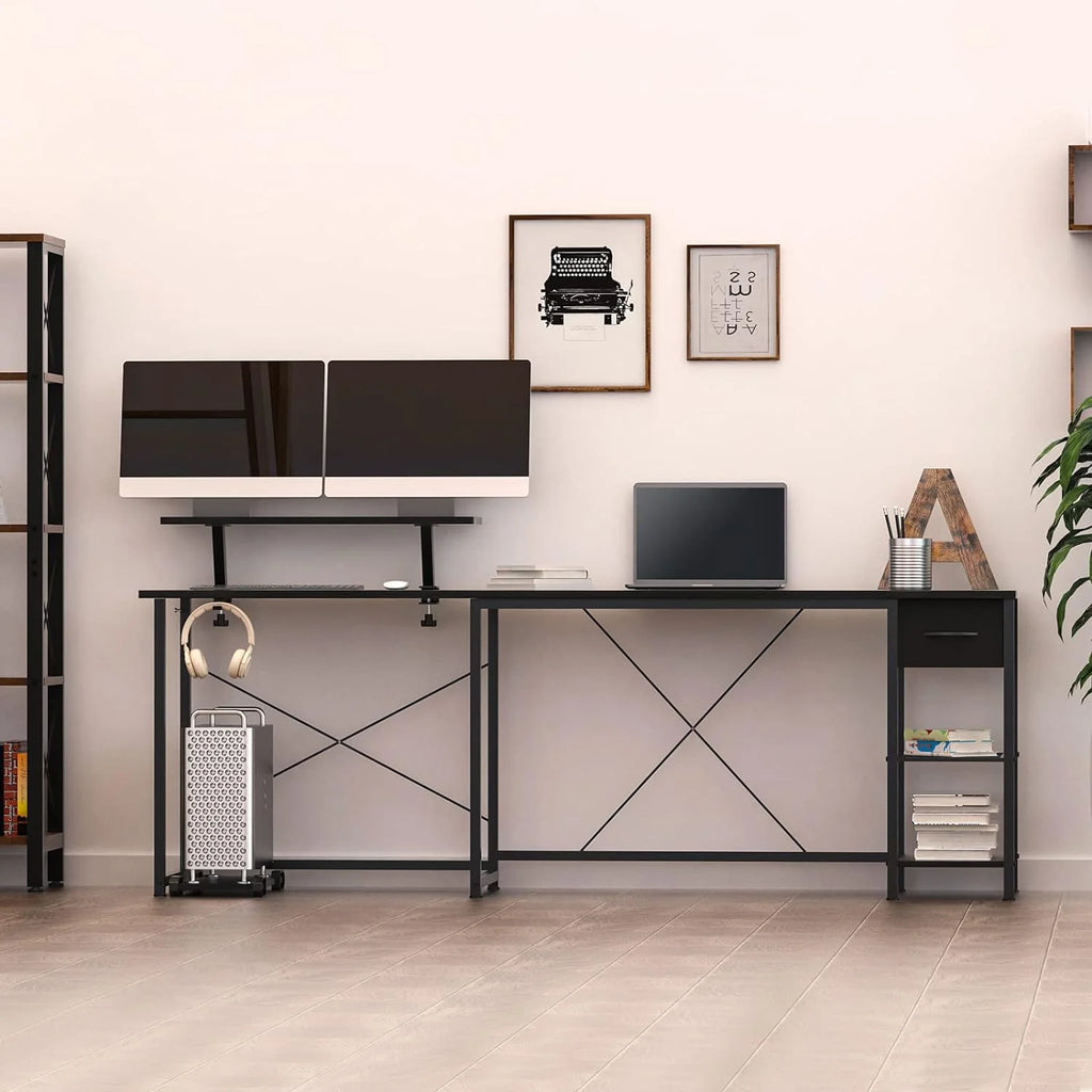 L Shaped Corner Computer Desk with Shelves and Monitor Stand Black V731286