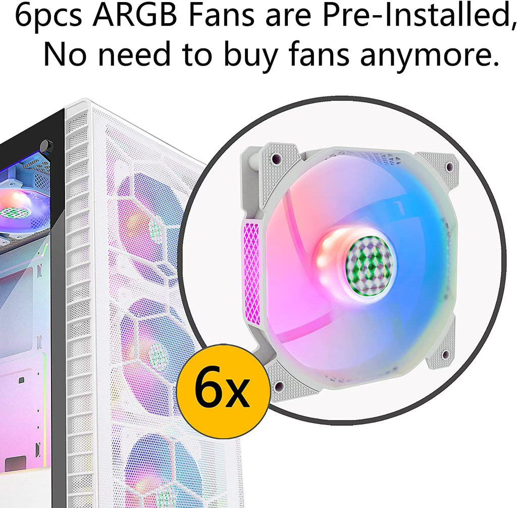 White Mesh Mid-Tower ATX PC Gaming Case with 6 ARGB Fans Tempered Glass Y32084