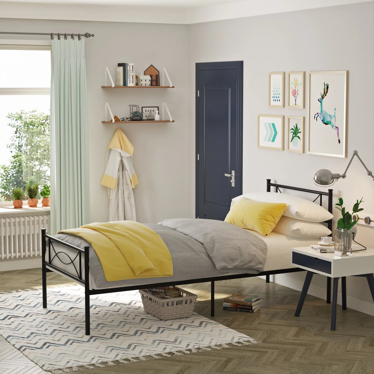 Twin Size Black Metal Platform Bed Frame with Headboard and Footboard A7363