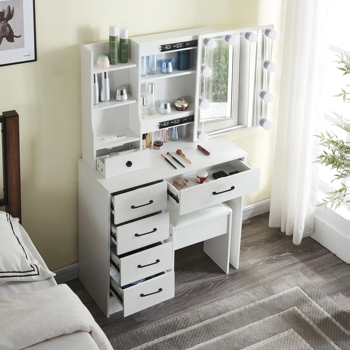 White Vanity Set with Mirror & Lights O904240