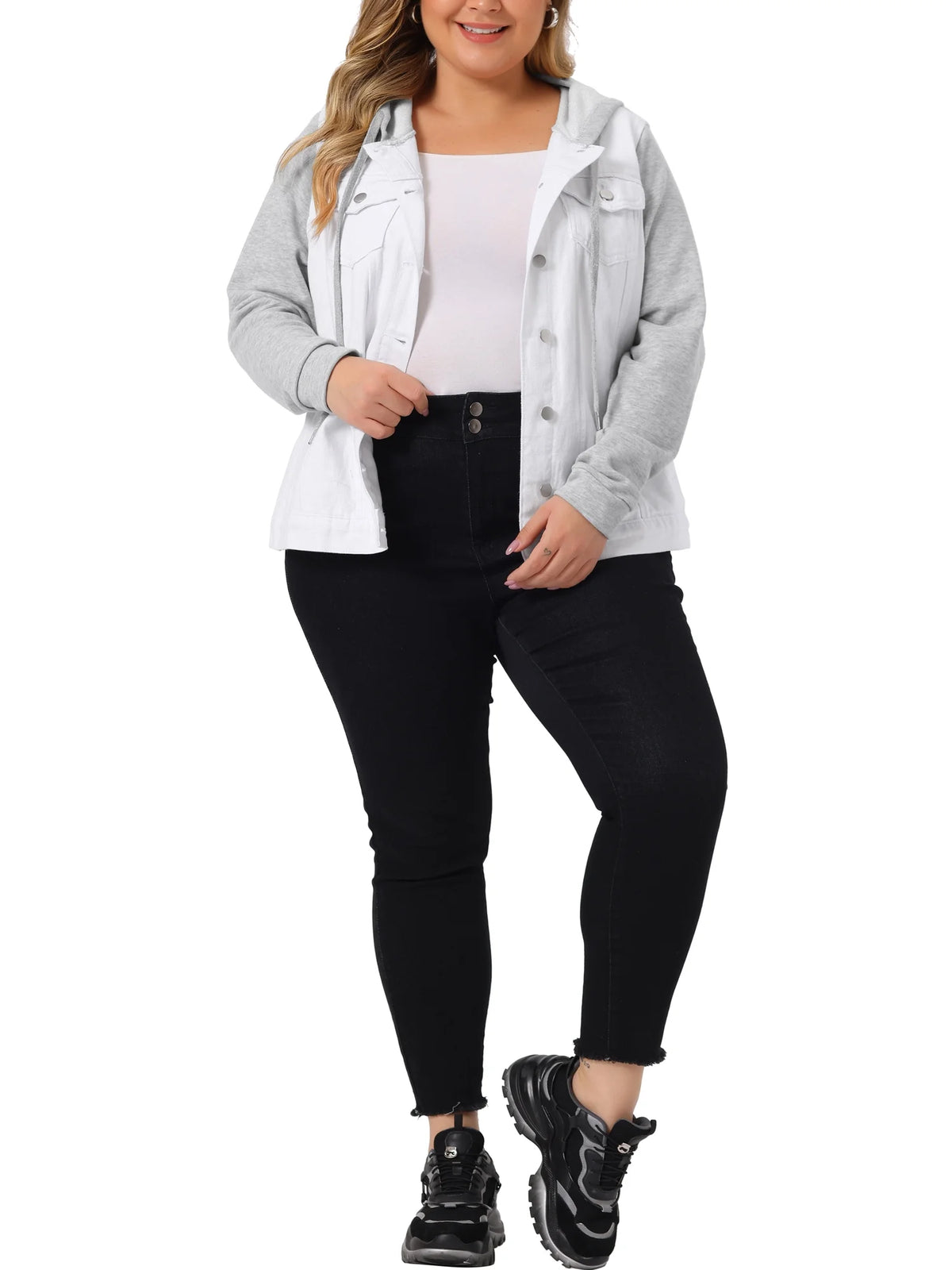 Plus Size Layered Drawstring Hood Denim Jacket V727263