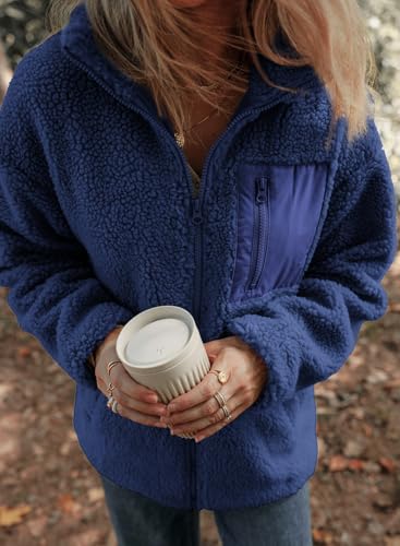 Womens Fleece Jackets Long Sleeve Warm Teddy Coats with Pockets S6821