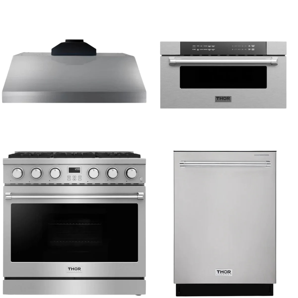 36 Gas Range, Range Hood, Dishwasher and Microwave E606