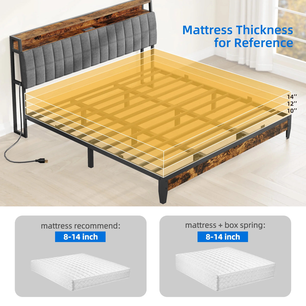 Full Size Upholstered Platform Bed Frame with Charging Station E6597