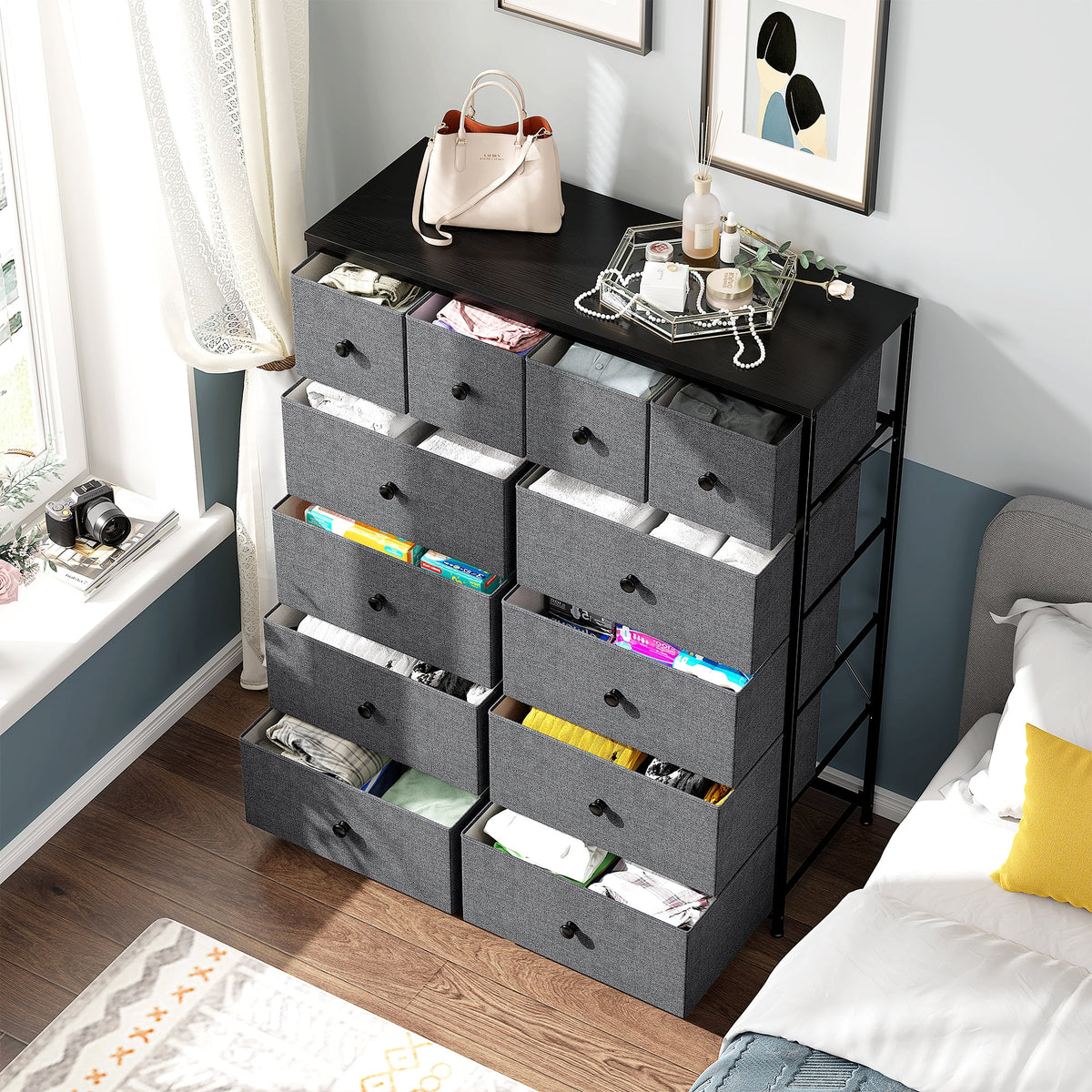 9 Drawer Fabric Dresser with Shelves H215